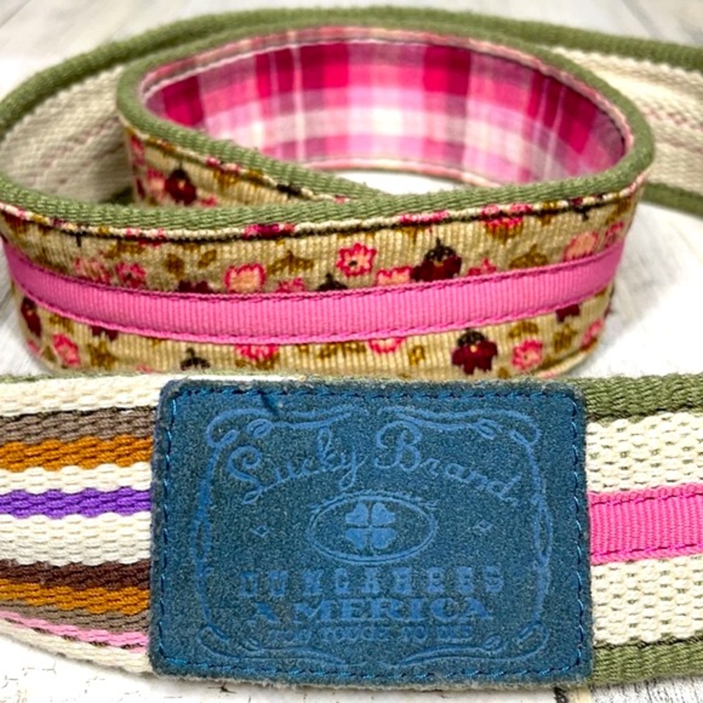 LUCKY BRAND BELT PLAID FLORAL STRIPE TAN PINK FABRIC WOVEN 41”TOTAL LENG…